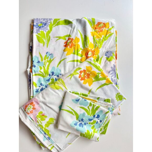 Vintage MARTEX Presslin 303 Floral Print Cotton Poly Muslin Full Flat Sheet Set - Picture 1 of 14